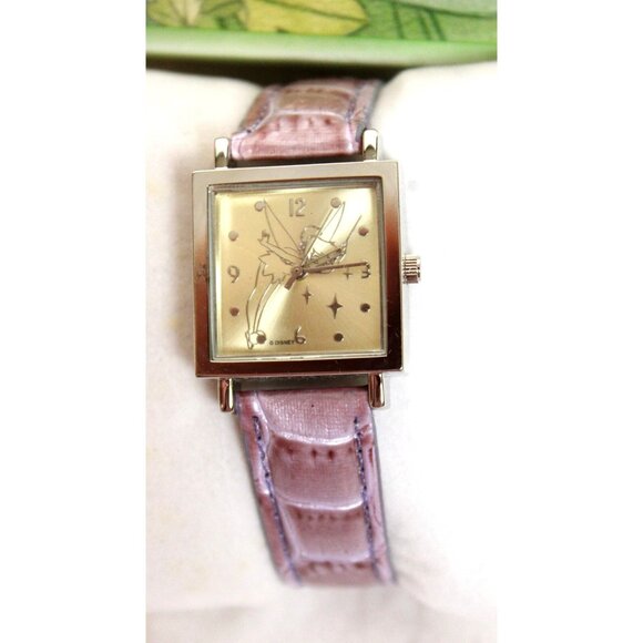 Disney Store Tinkerbell Watch Purple pearlescent Leather Band Square Face - Picture 1 of 9
